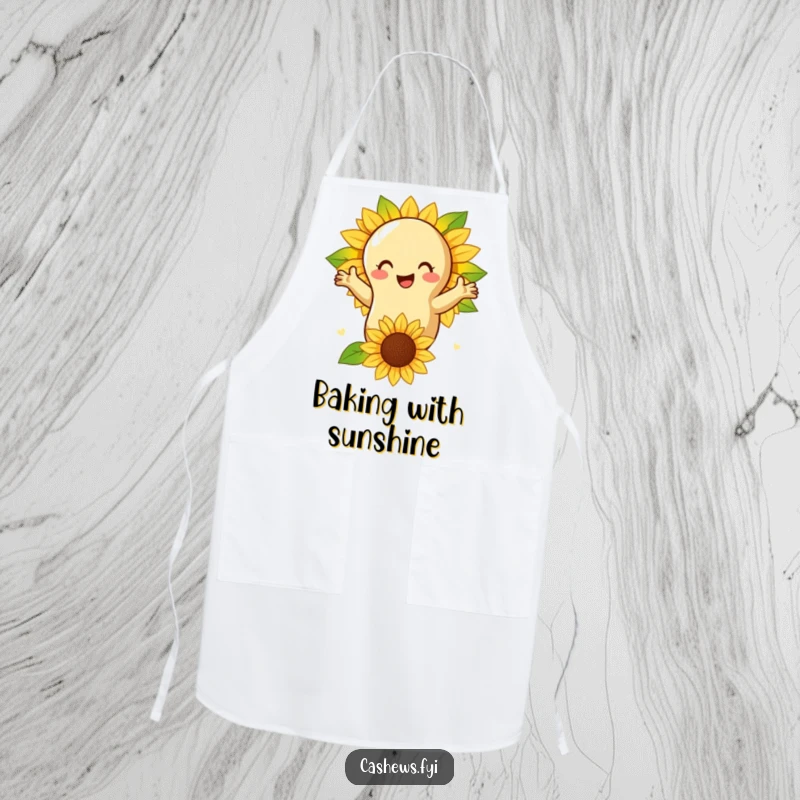 Funny apron showing a cashew nut embracing a friendly sunflower, perfect for adding a touch of nature to cooking.