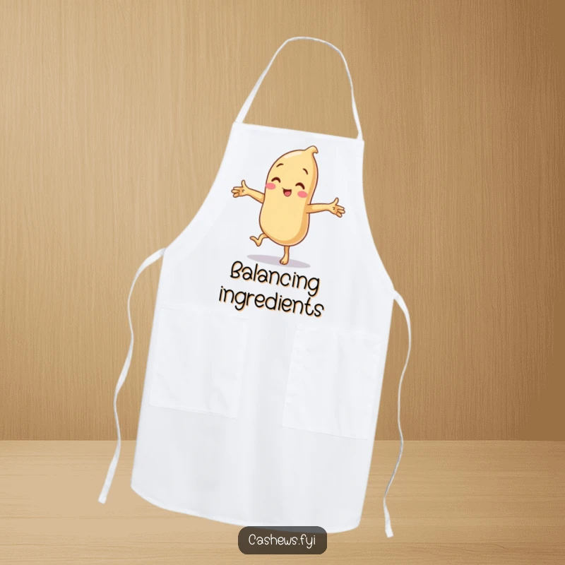 Funny apron showing a cashew plant character in a wobbly, one-legged balancing pose, arms flailing comically in the kitchen.