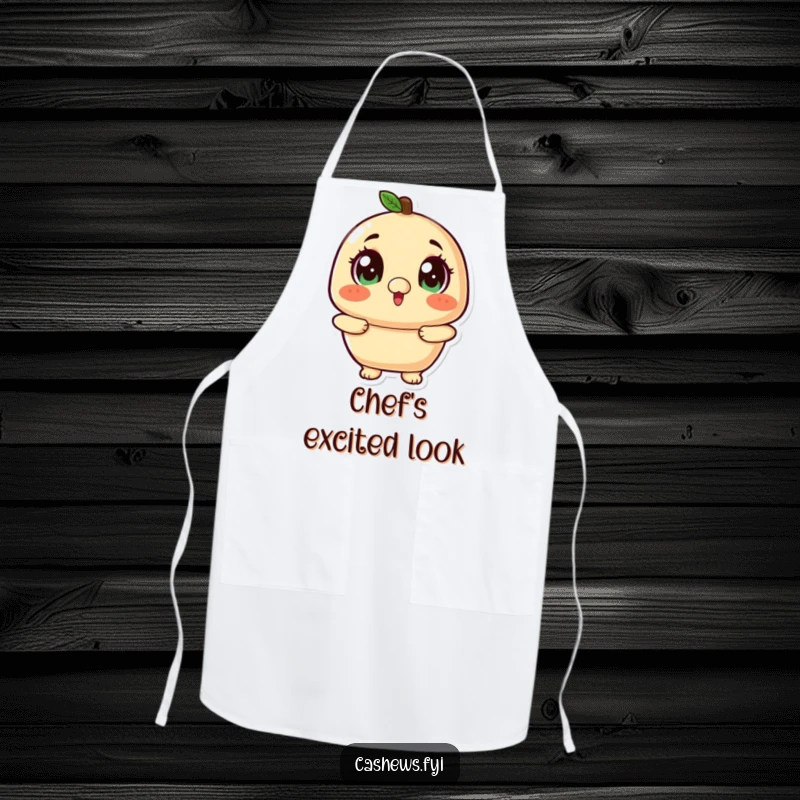 Funny kawaii cashew with wide, twinkling eyes looking up excitedly on an apron.