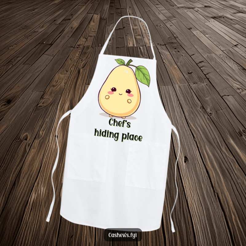 Funny cashew character peeking from behind a giant, smiling cashew on a kitchen apron, ideal funny gift.
