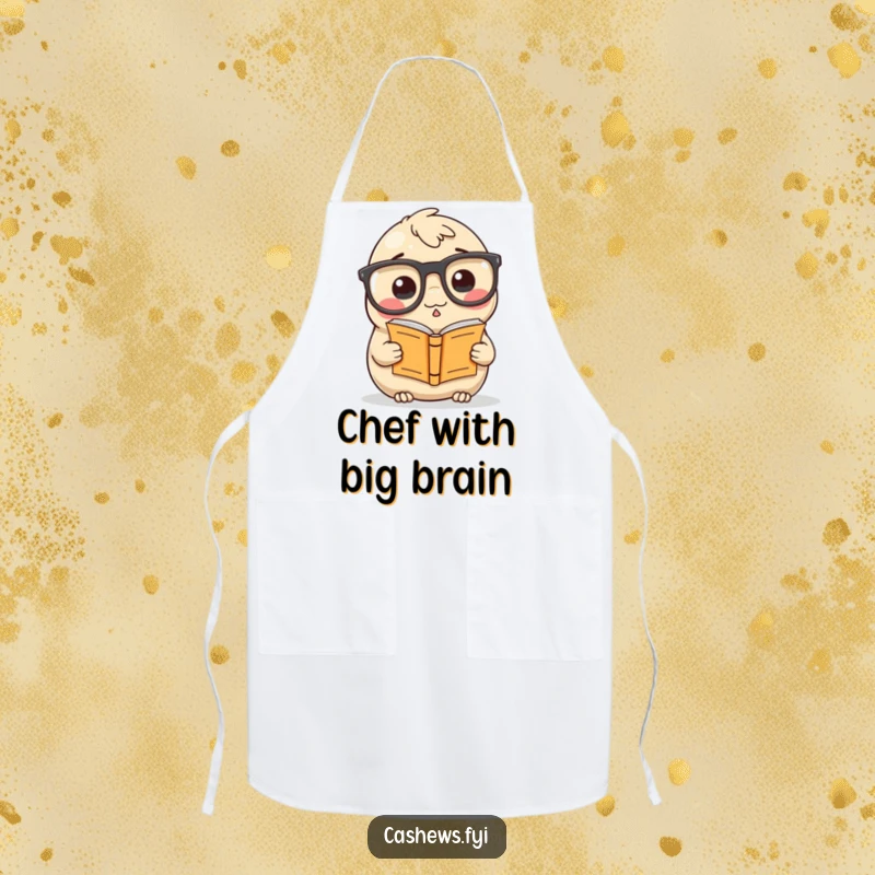 Funny Apron: A cashew with exaggerated glasses reads a small book, adding a touch of nerdy humor to kitchen tasks.