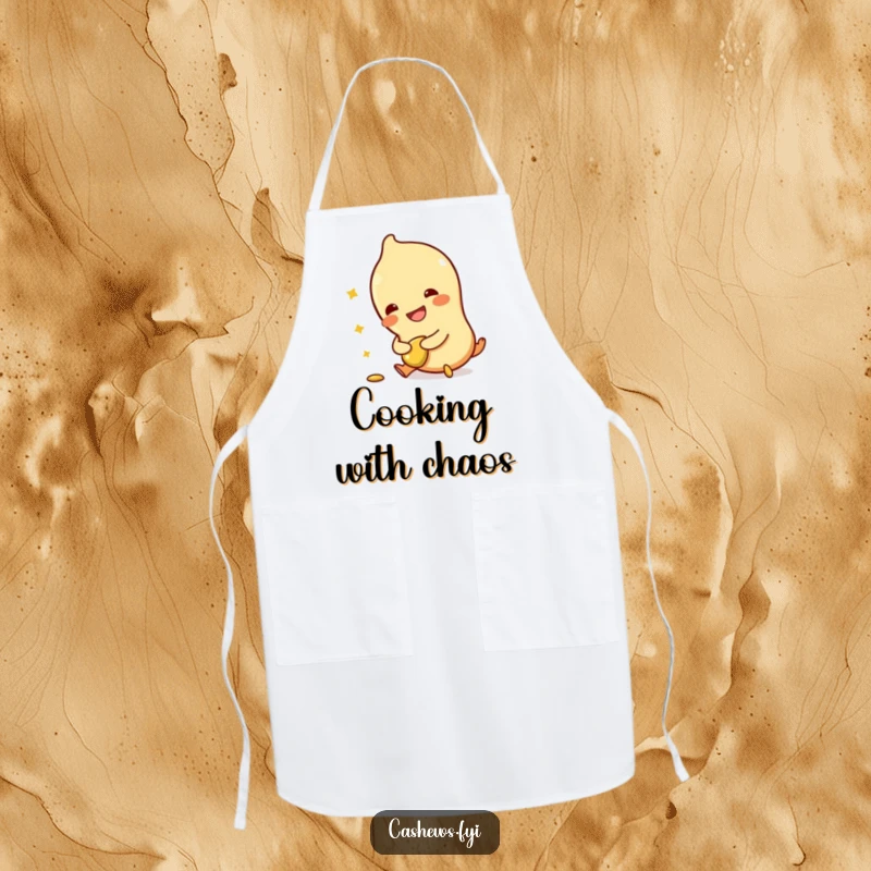 Funny apron with a cashew character tripping slightly, clutching a broken cashew, and laughing, designed for kitchen protection and humor.