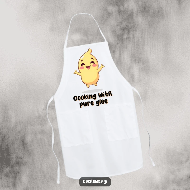 Funny apron with a cashew character energetically bouncing, radiating pure glee while adding a humorous touch to cooking.
