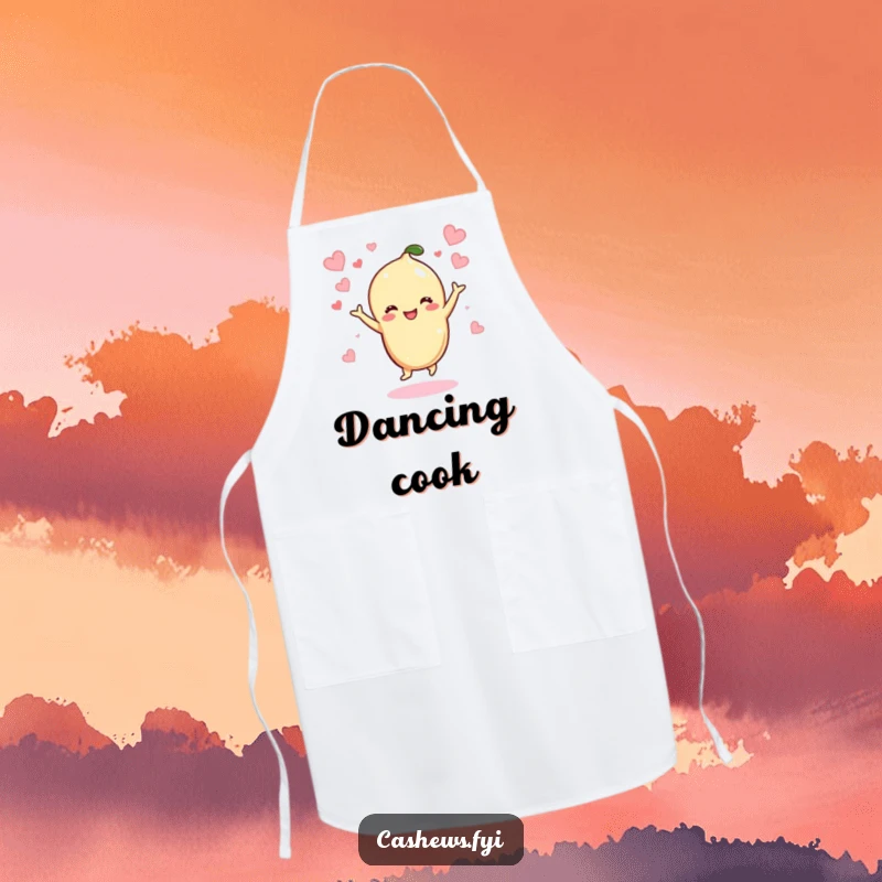 Funny Kawaii Cashew Apron: A cooking apron with a cashew character dancing joyfully amidst hearts, bringing a fun and festive vibe.