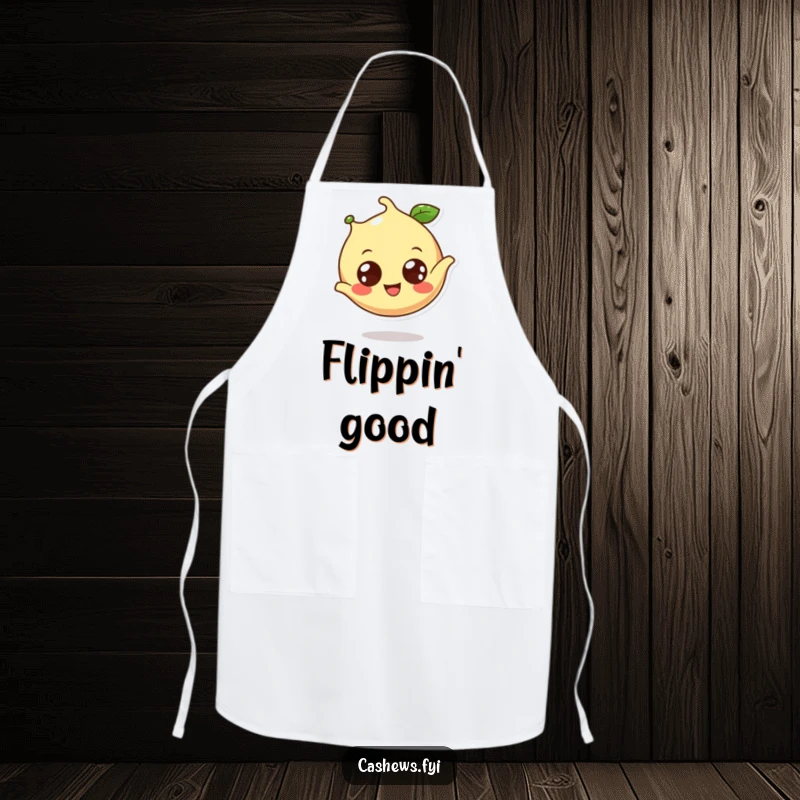Funny cashew apron showing a cheerful cashew doing a somersault, adding humor to kitchen tasks.