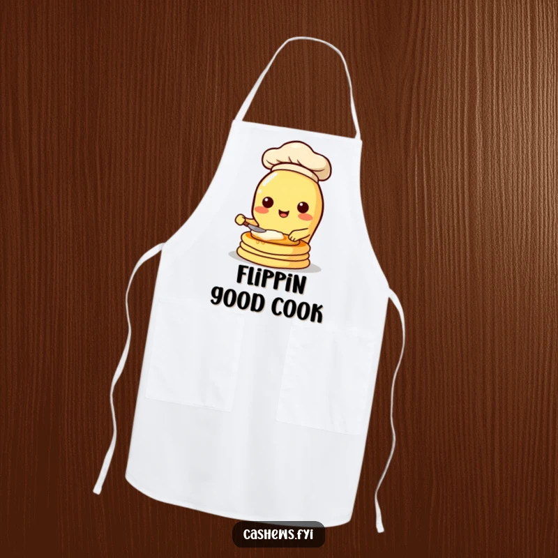 Funny cooking apron featuring a kawaii cashew character in a chef hat, flipping pancakes with a joyful expression, for kitchen fun.