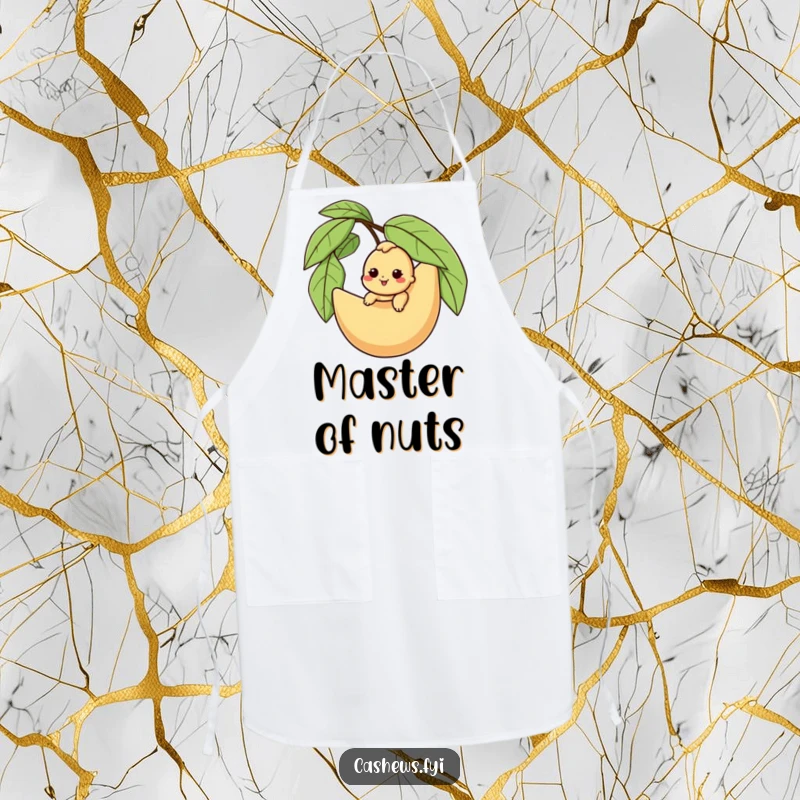 Funny cashew apron showing a character happily riding a giant husk, ideal for adding nutty adventure humor to cooking.