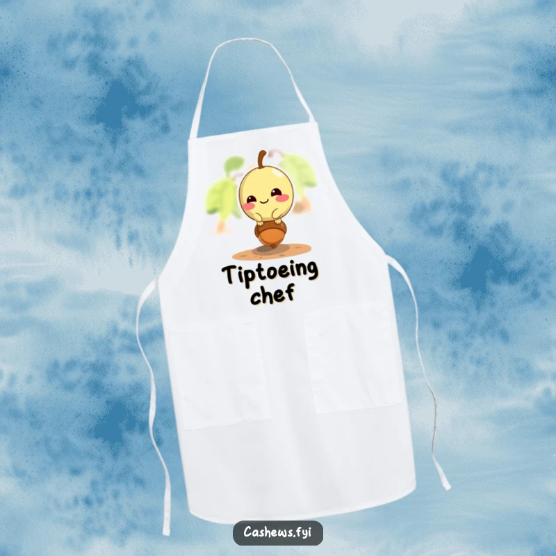 Funny cashew apron showing a mischievous cashew balancing on a tiny acorn, perfect for kitchen humor.