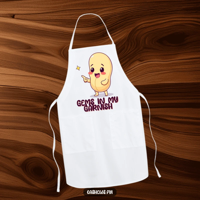 Funny apron with an excited cashew nut pointing at a sparkling gem, designed for kitchen adventures and humorous exploration.