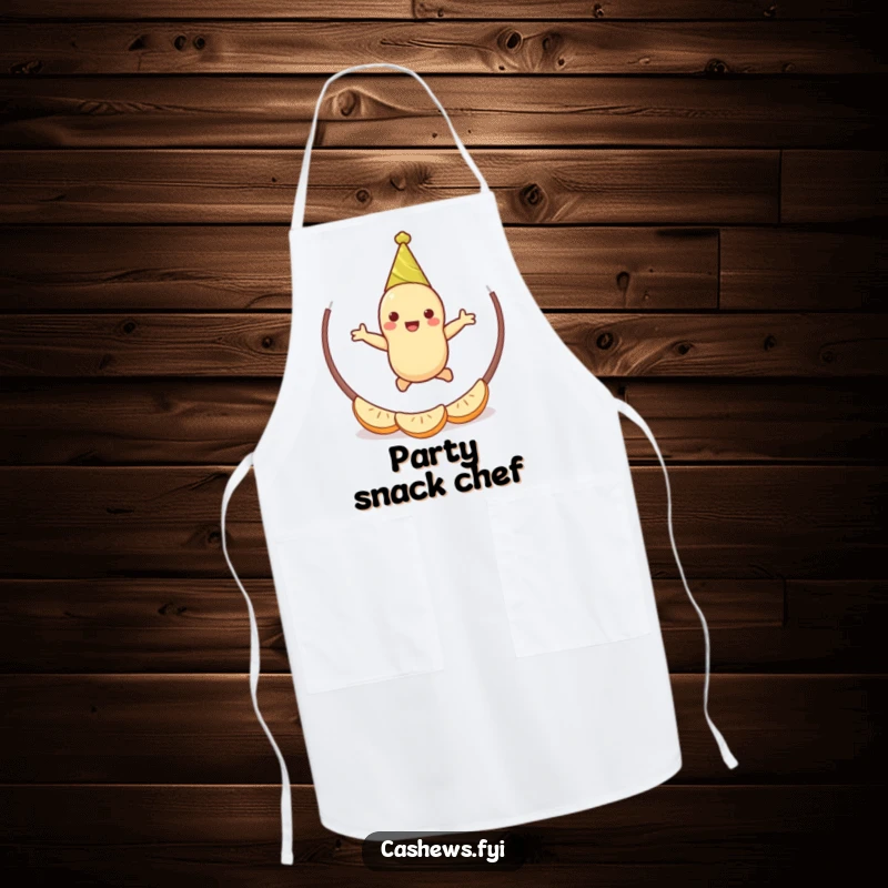 Funny cashew party apron showcasing a happy cashew character in a party hat, jumping through a hoop of cashew halves, ideal for festive cooking.