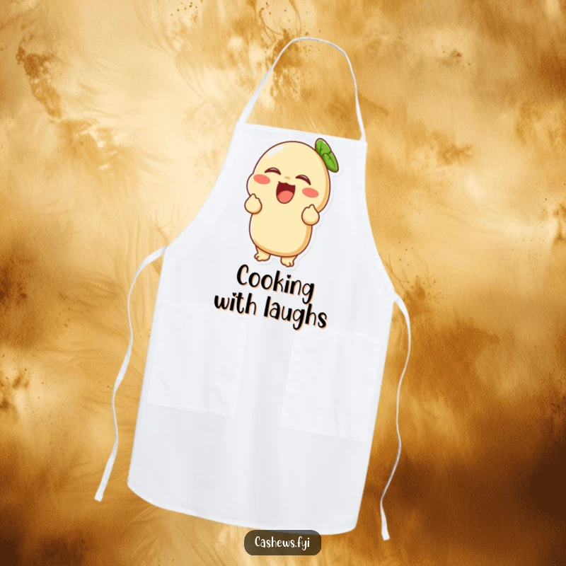 Funny apron showcasing a cashew character in uncontrollable laughter, ready to add a humorous touch to any cooking session.