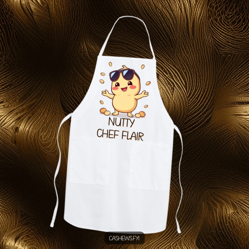 Funny apron with a kawaii cashew in sunglasses, juggling nuts with a grin, ready for kitchen tasks with cool, humorous flair.