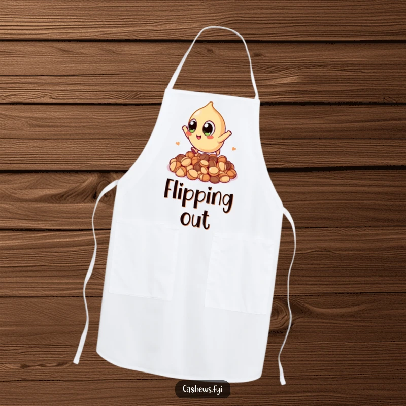 Funny apron showing a kawaii cashew with large eyes, leaping over nuts, ready for kitchen duty with enthusiastic, humorous flair.