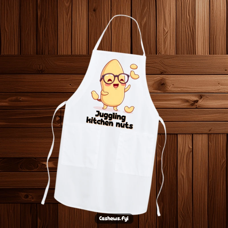 Funny kawaii cashew apron showcasing a cute nut with spectacles, enthusiastically juggling cashews, bringing humor and protection to the kitchen.