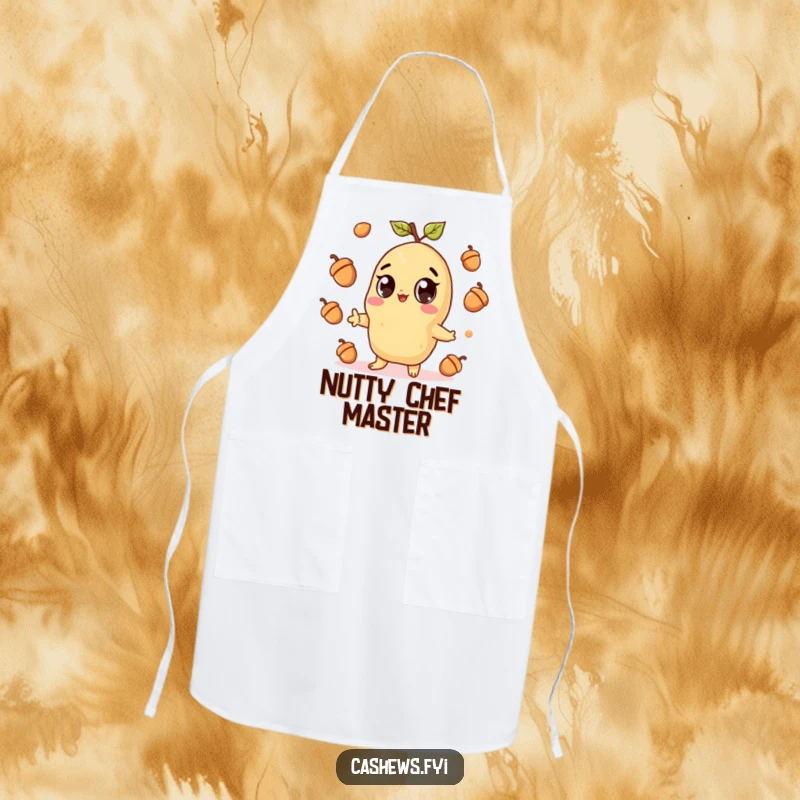 Funny apron showing a kawaii cashew character with wide eyes, gleefully juggling acorns, perfect for a fun and charming kitchen.