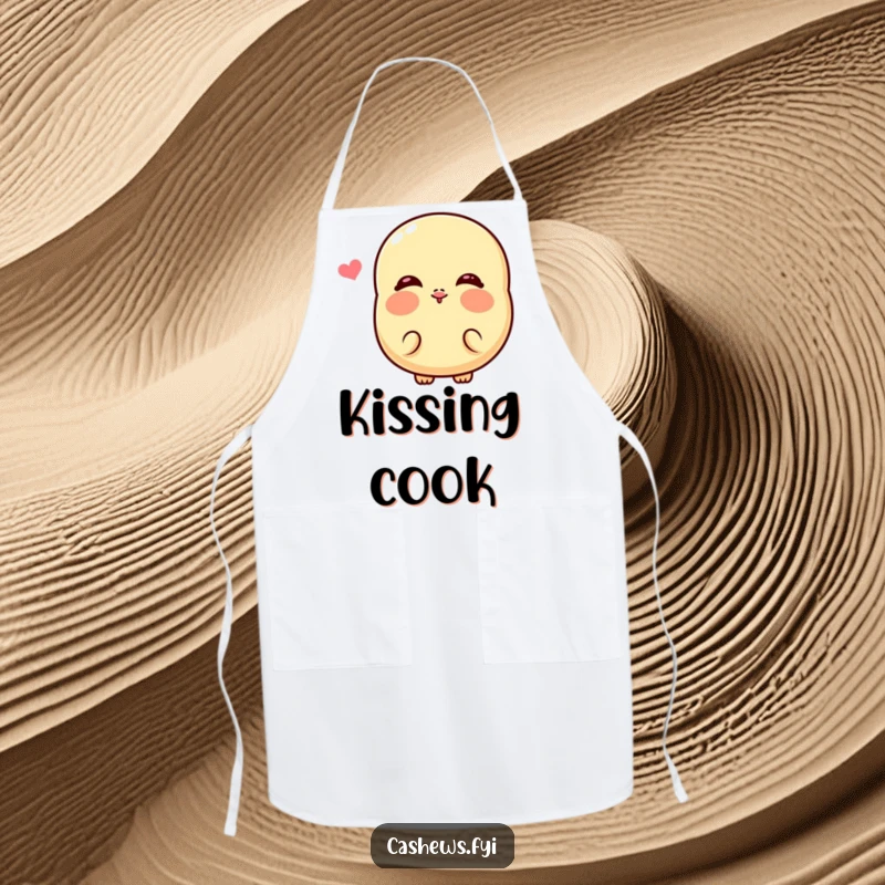 Funny Kawaii Cashew Apron: A cooking apron featuring a cute cashew with rosy cheeks sending a kiss, ideal for a humorous kitchen.