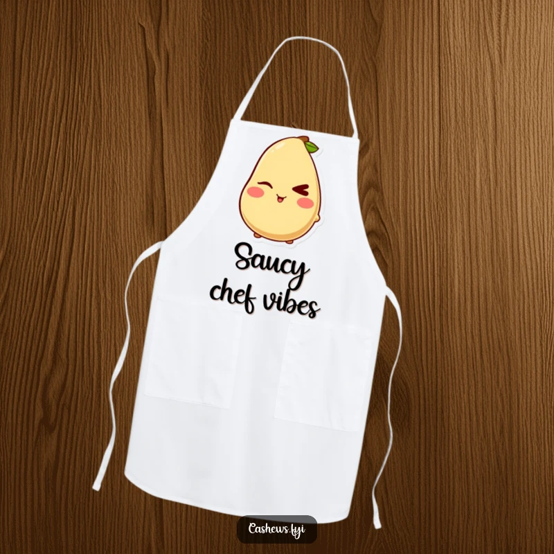 Funny apron with a kawaii cashew character giving a mischievous wink, ideal for humorous cooking and kitchen charm.