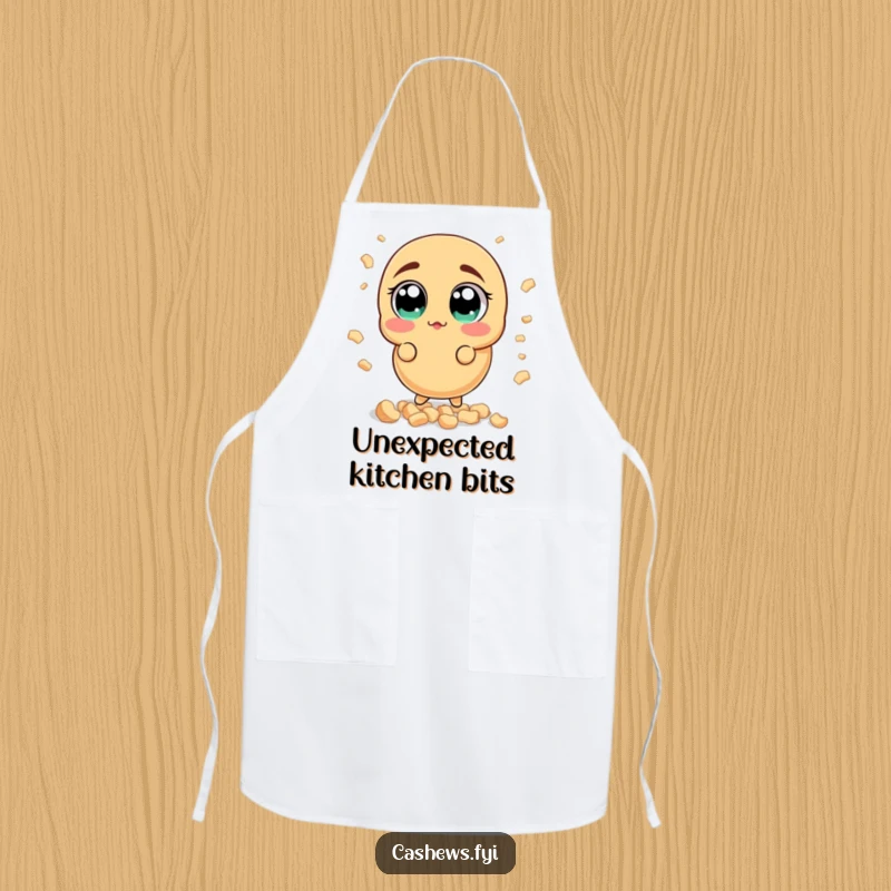 Funny surprised cashew apron showcasing a nut with wide, startled eyes amidst a shower of cashew bits, perfect for humorous kitchen protection.