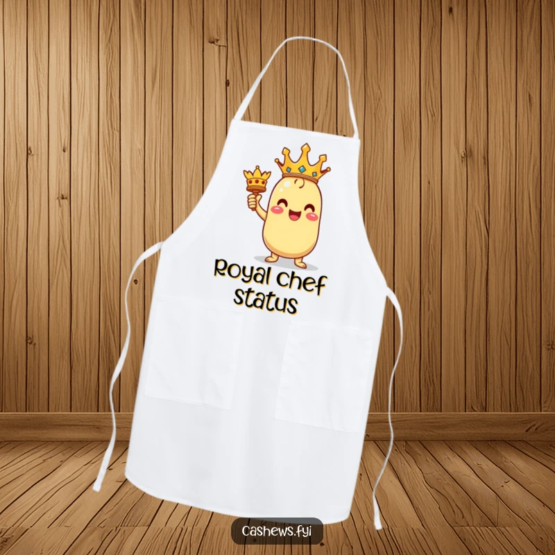 Funny cooking apron showing a triumphant kawaii cashew character holding a miniature crown, celebrating kitchen victories.