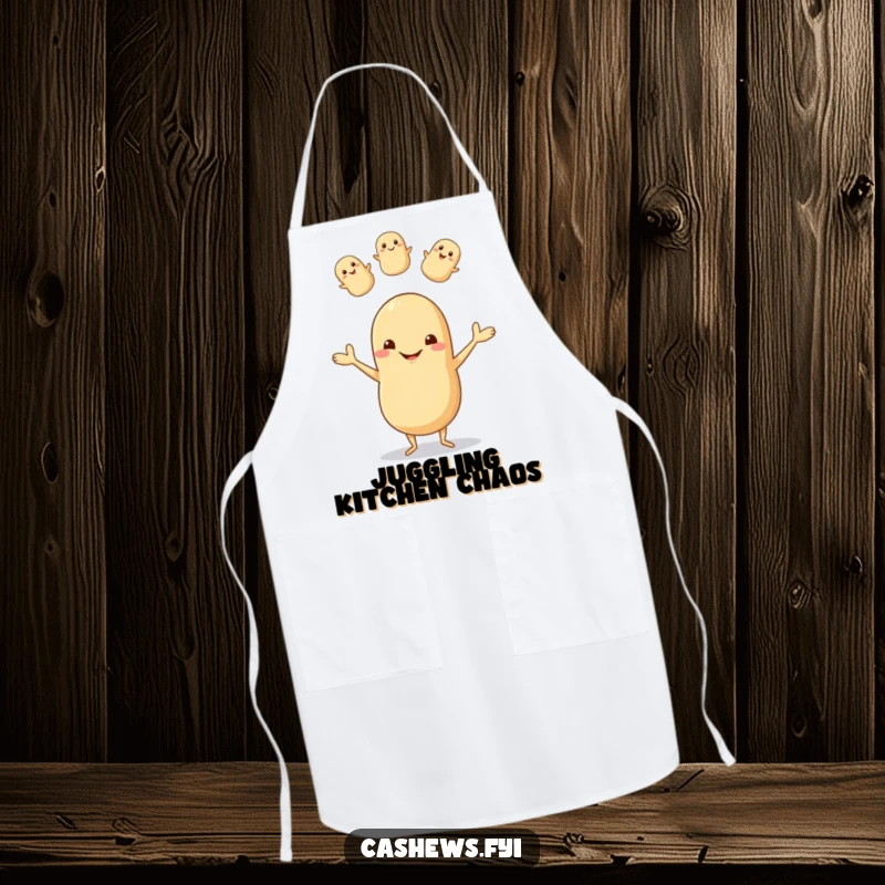 Funny kitchen apron featuring a happy cashew with tiny legs juggling nuts, sporting a goofy grin, making cooking a joyful experience.