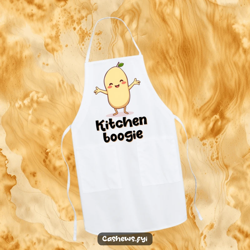 Funny apron showing a kawaii cashew doing a silly dance with arms outstretched, beaming, ready for kitchen tasks with joyful, humorous flair.