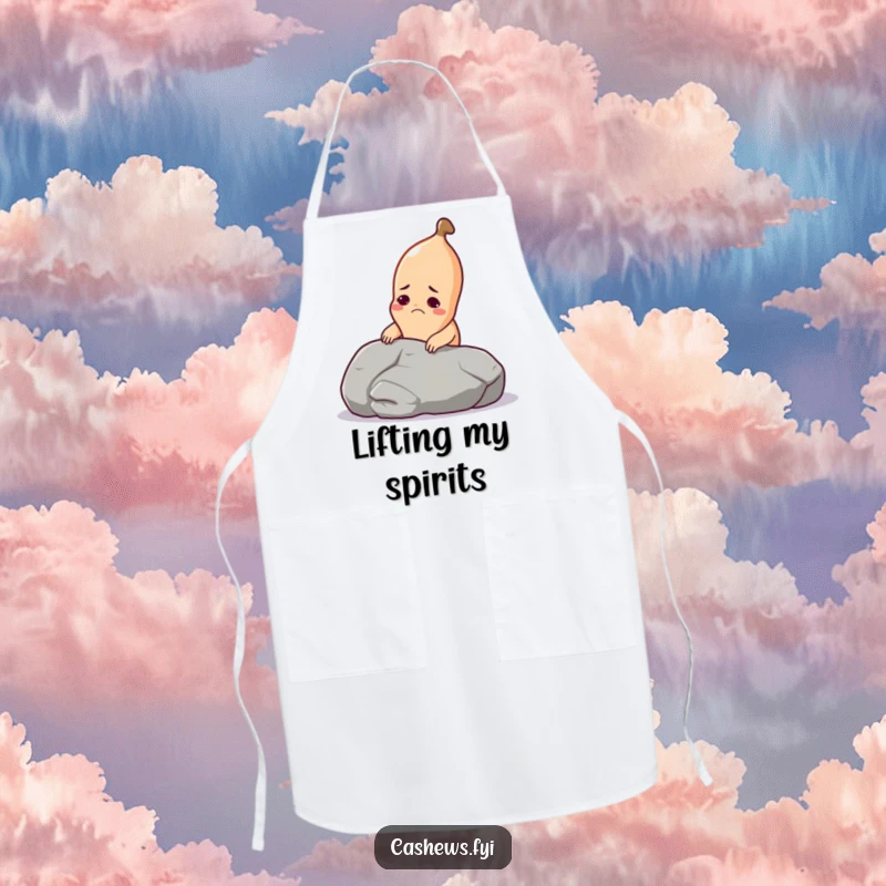 Funny cashew apron showing a cashew with a grimace trying to lift a large pebble, perfect for kitchen humor.