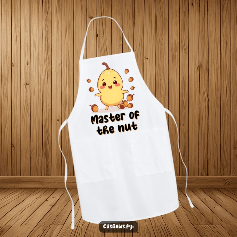 Funny apron showing a cashew character cheerfully juggling acorns, adding humor to kitchen activities.
