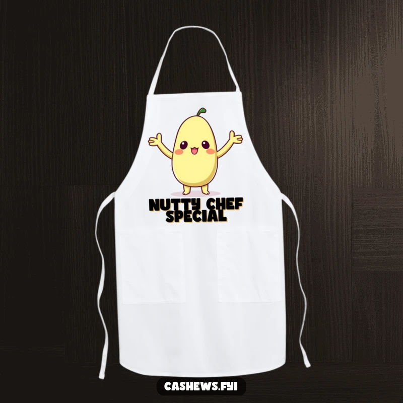 Funny apron with a kawaii cashew character with arms raised in delighted surprise, ideal for cooking with a cute and joyful vibe.