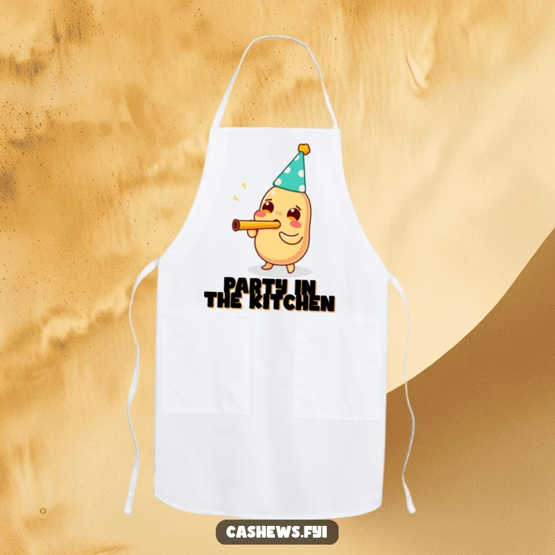 Funny kitchen apron featuring a cashew wearing a party hat and enthusiastically blowing a kazoo, bringing festive joy to cooking.