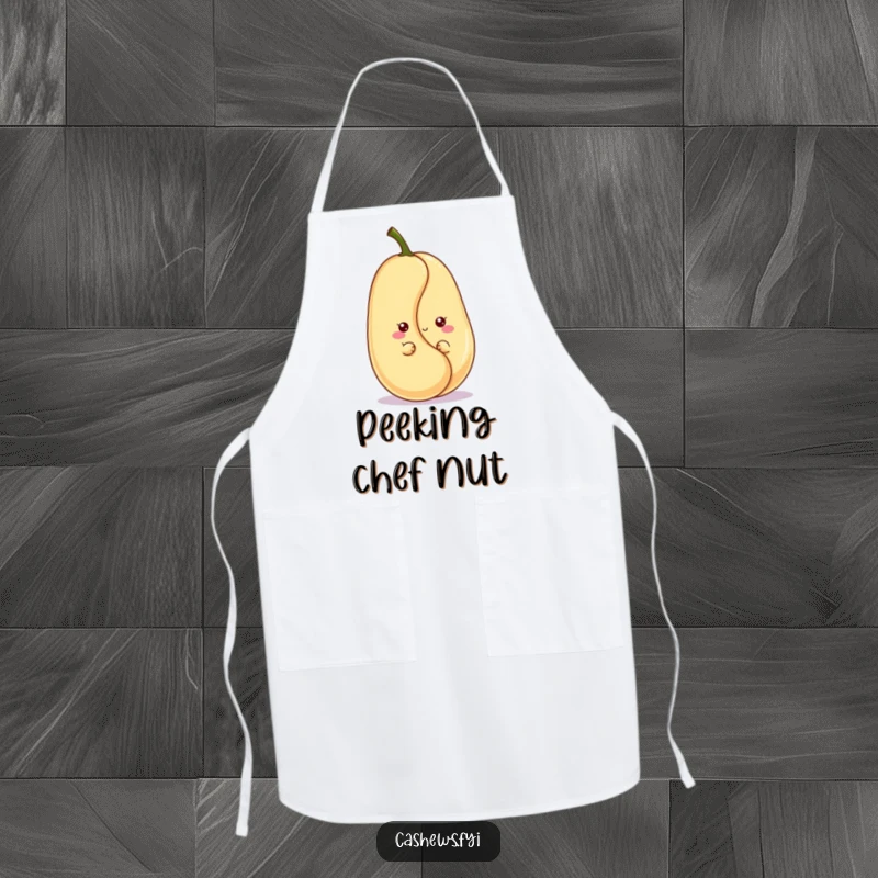 Funny kawaii cashew apron showing a cute character peeking with a grin, ideal for adding adorable nutty humor to cooking.