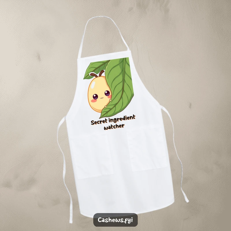 Funny Apron: A cashew with googly eyes peeks from behind a leaf, adding playful and humorous charm to kitchen tasks.