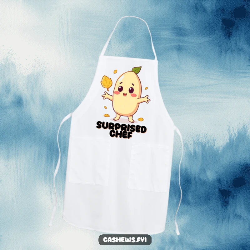 Funny cooking apron showing a kawaii cashew character surprised by a falling leaf, arms wide, for amusing kitchen protection.