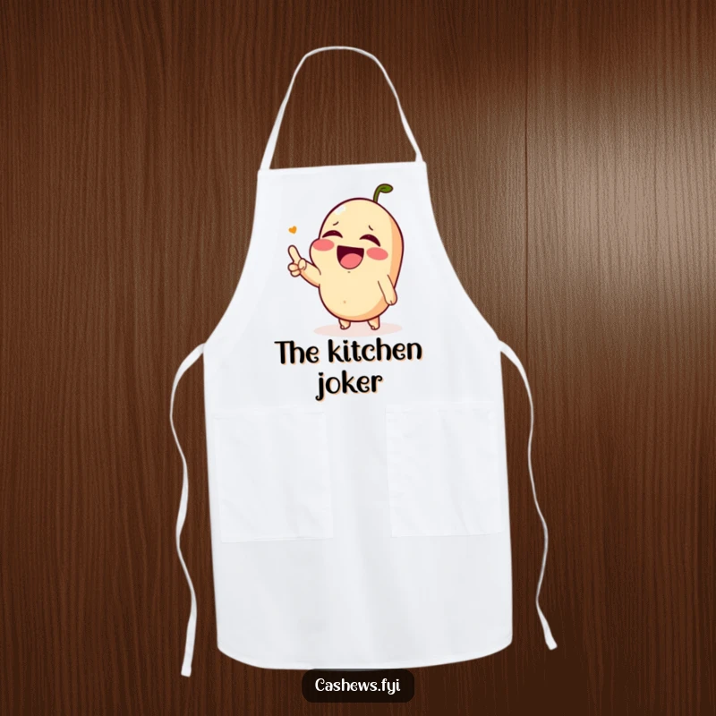 Funny apron for cooking, showing a Kawaii cashew laughing hysterically with watering eyes, perfect for kitchen humor.