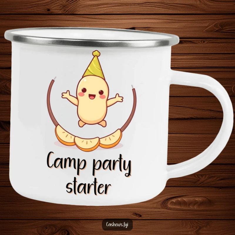 Funny cashew party camping mug featuring a happy cashew character with a party hat, joyfully jumping through a hoop of cashew halves.