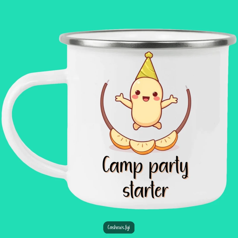 Funny Cashew Party Camping Mug: Jumping Nut Enamel Cup, Outdoor Celebration Humor Gift
