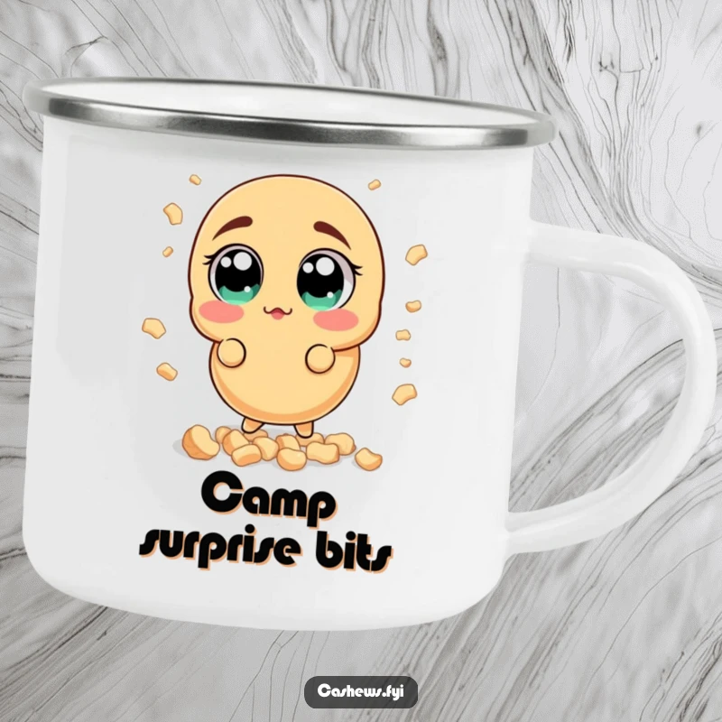 Funny surprised cashew camping mug featuring a nut with wide, startled eyes reacting to a shower of cashew bits, built for adventure and laughs.