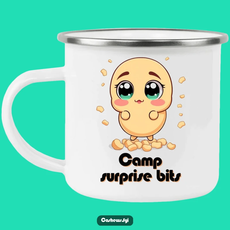 Funny Surprised Cashew Camping Mug: Wide-Eyed Nut Enamel Cup, Outdoor Reaction Gift