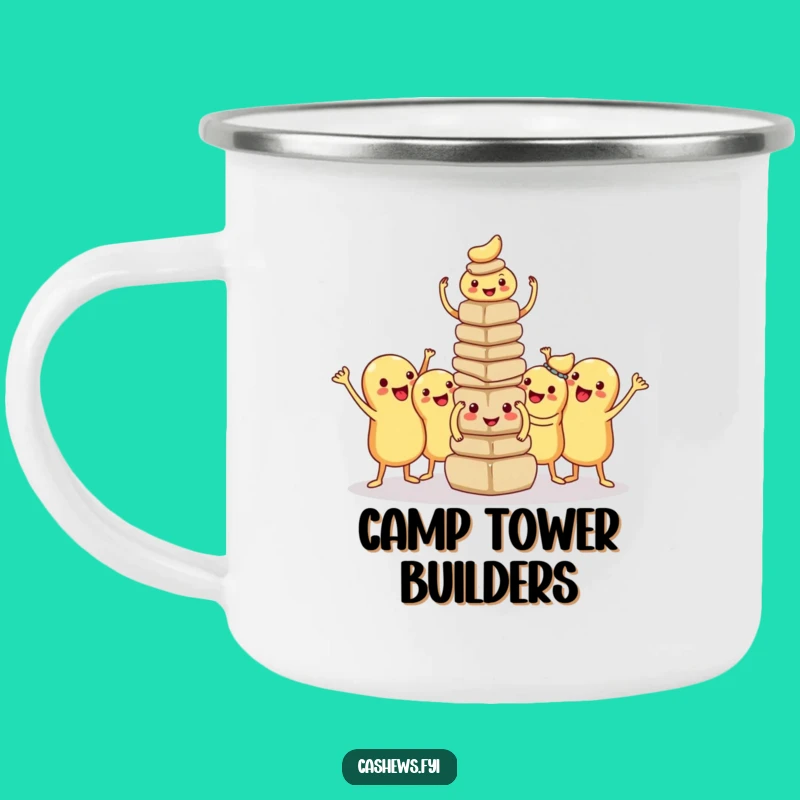 Funny Kawaii Cashew Tower Camping Mug: Proud Builders Enamel Cup, Outdoor Teamwork Gift