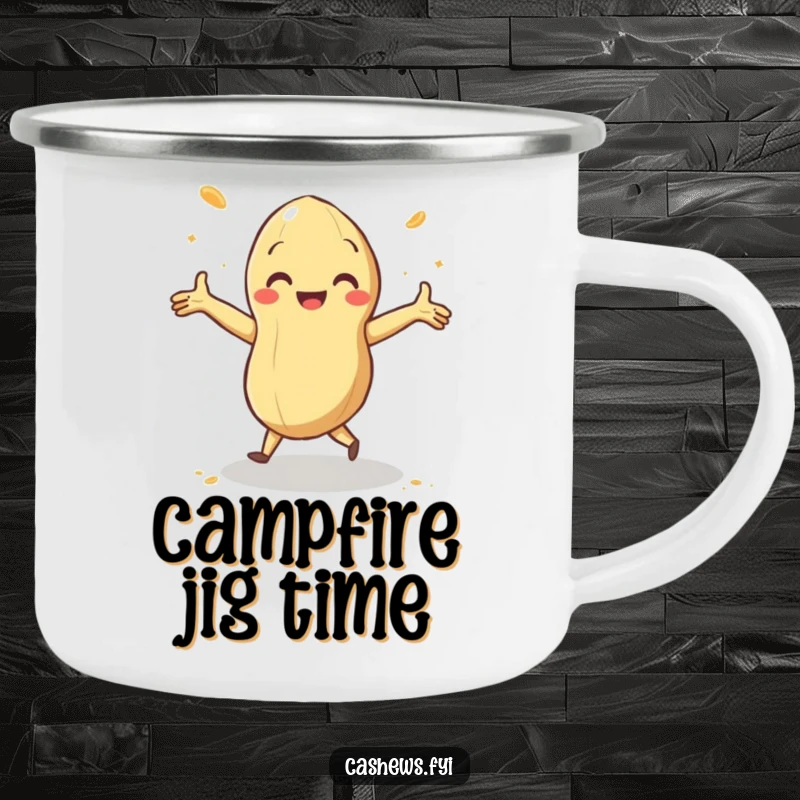 Funny camping mug featuring a cashew doing a delighted jig with arms outstretched and cashew dust swirling, perfect for lively outdoor sips.