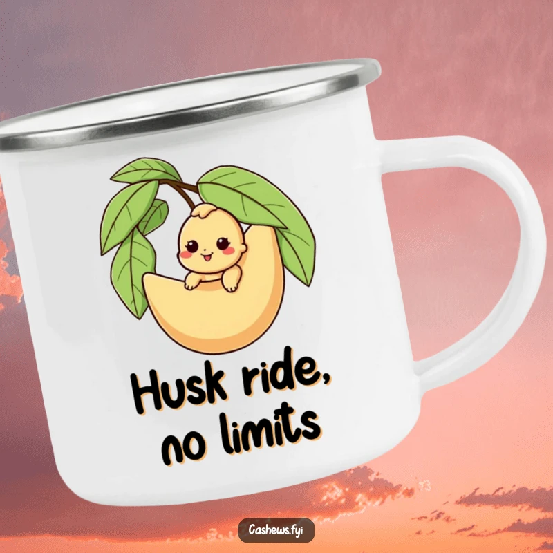 Funny cashew camping mug featuring a character happily riding a giant husk, designed for outdoor enjoyment and nutty adventure comedy.