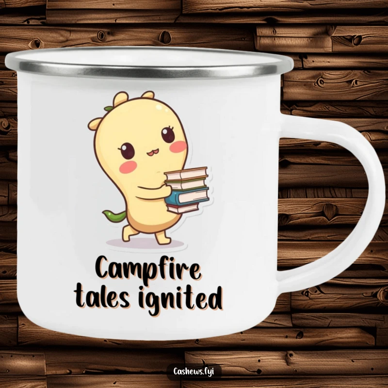 Funny camping mug showing a kawaii cashew character tripping with books, perfect for enjoying beverages during study or exploration.