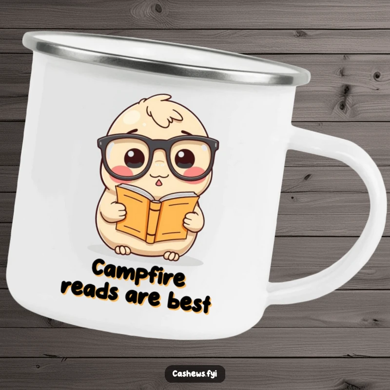 Funny Camping Mug: A cashew donned in large glasses reads a tiny book, a humorous and portable mug for bookish adventures.
