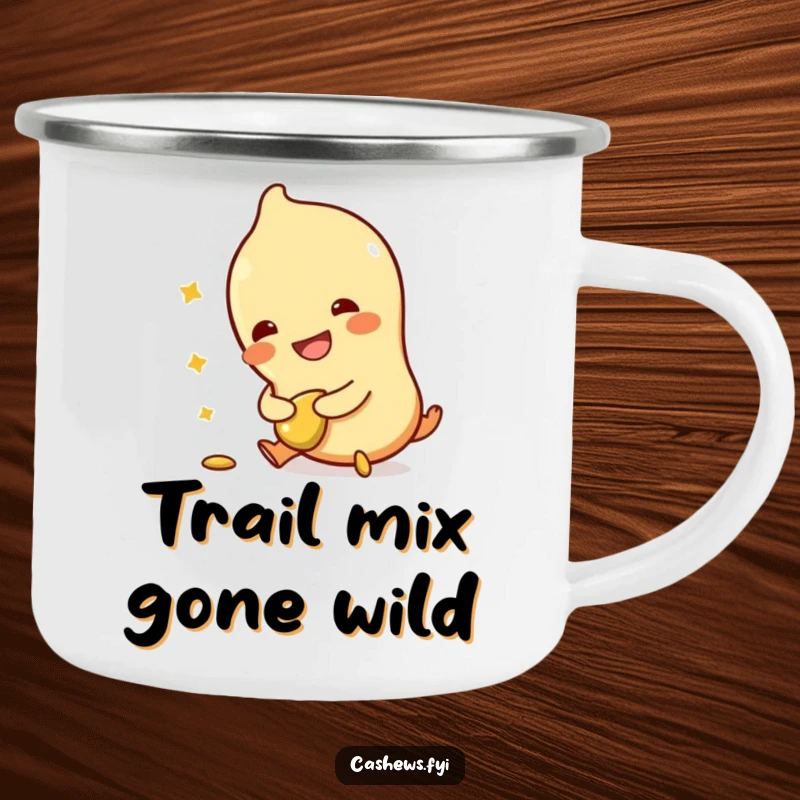 Funny enamel camping mug with a cashew character tripping, clutching a broken cashew, and laughing, durable for outdoor humor.