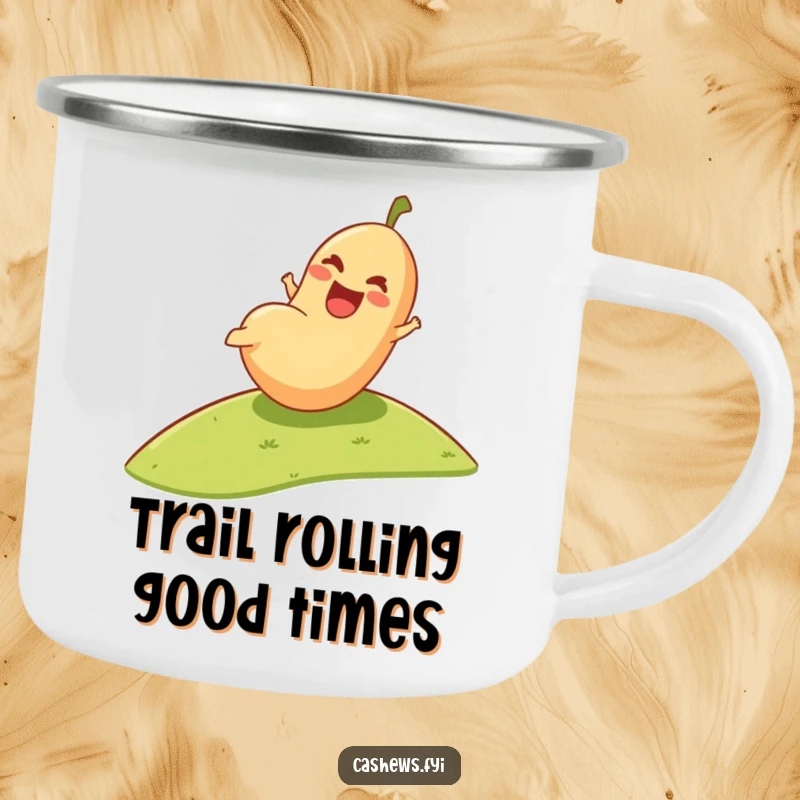 Funny Camping Mug: A joyous cashew rolls downhill, a durable and humorous cup for all your outdoor beverage needs.
