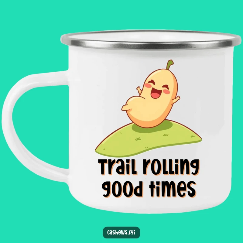 Funny Cashew Camping Mug: Joyful Nut Rolling Downhill Adventure Cup