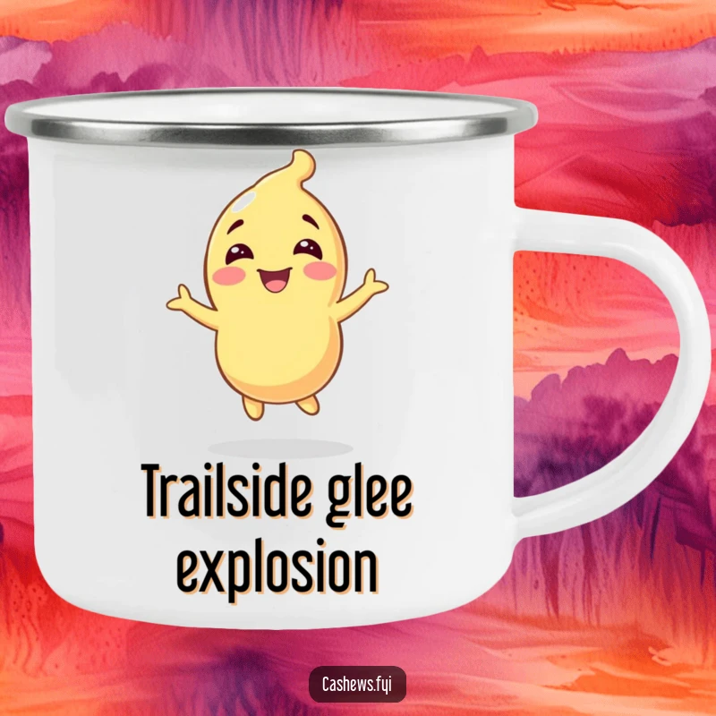 Funny camping mug with a cashew character bouncing with pure glee, ready for any outdoor adventure.