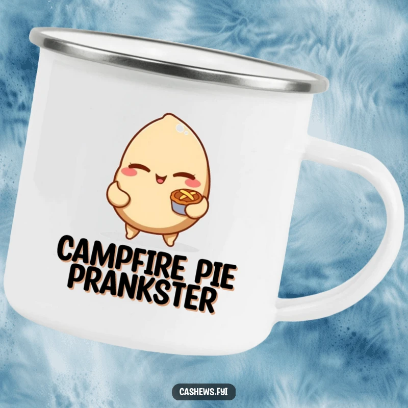 Funny camping mug with a mischievous cashew nut winking and holding a tiny pie, ideal for campers who enjoy sweet treats.