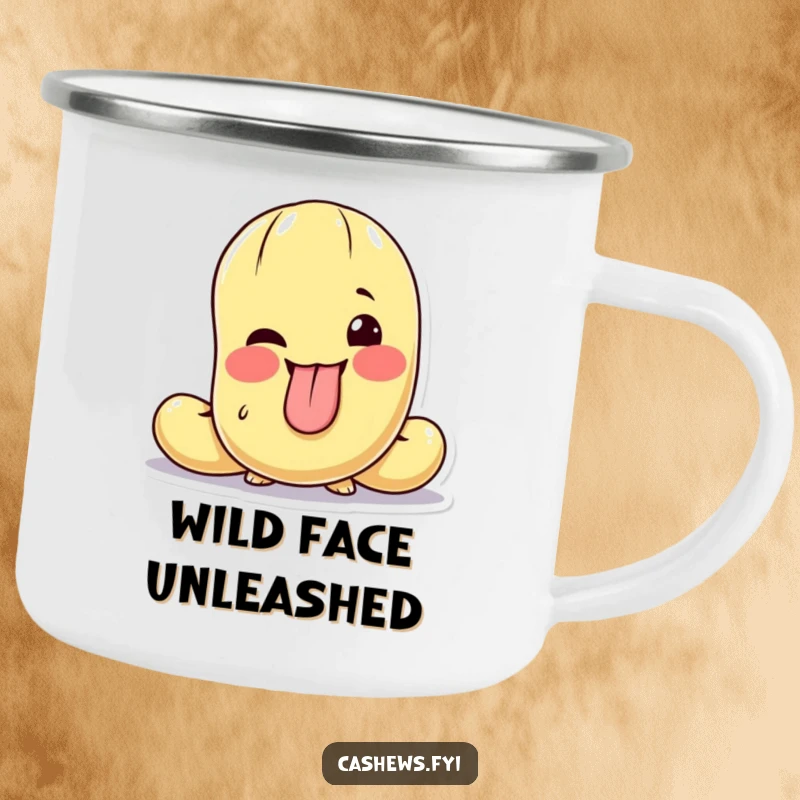 Funny camping mug featuring a cashew character making a silly face, tongue out, and a playful wink.