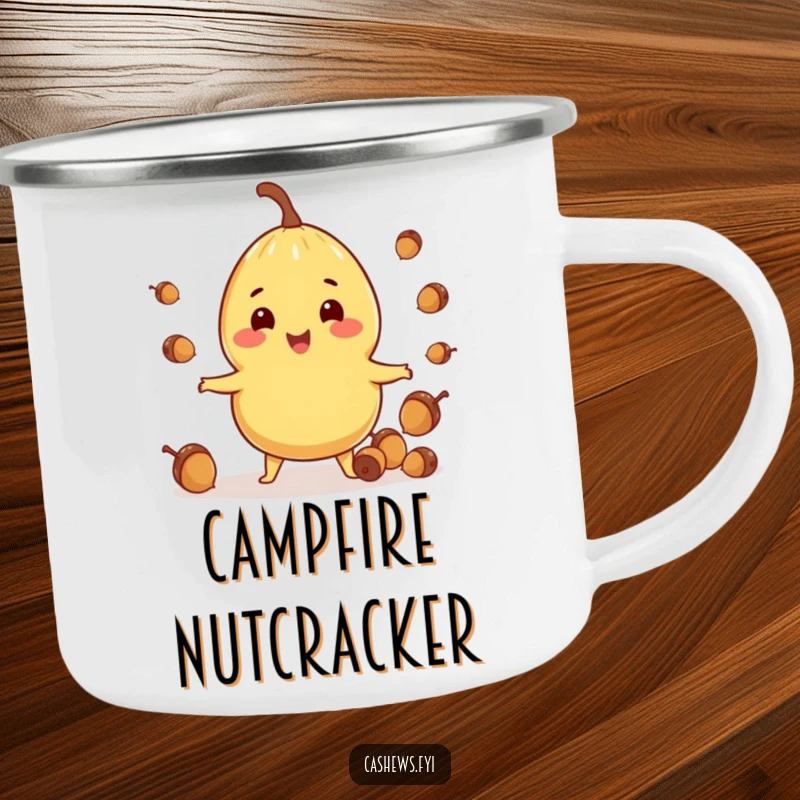 Funny camping mug featuring a cashew character juggling acorns with a cheerful expression, ideal for enjoying drinks outdoors.