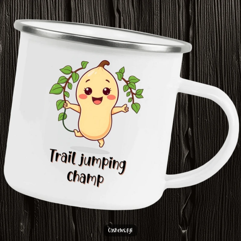 Funny enamel camping mug of a happy kawaii cashew character jumping rope with a vine, bringing energetic outdoor cheer.